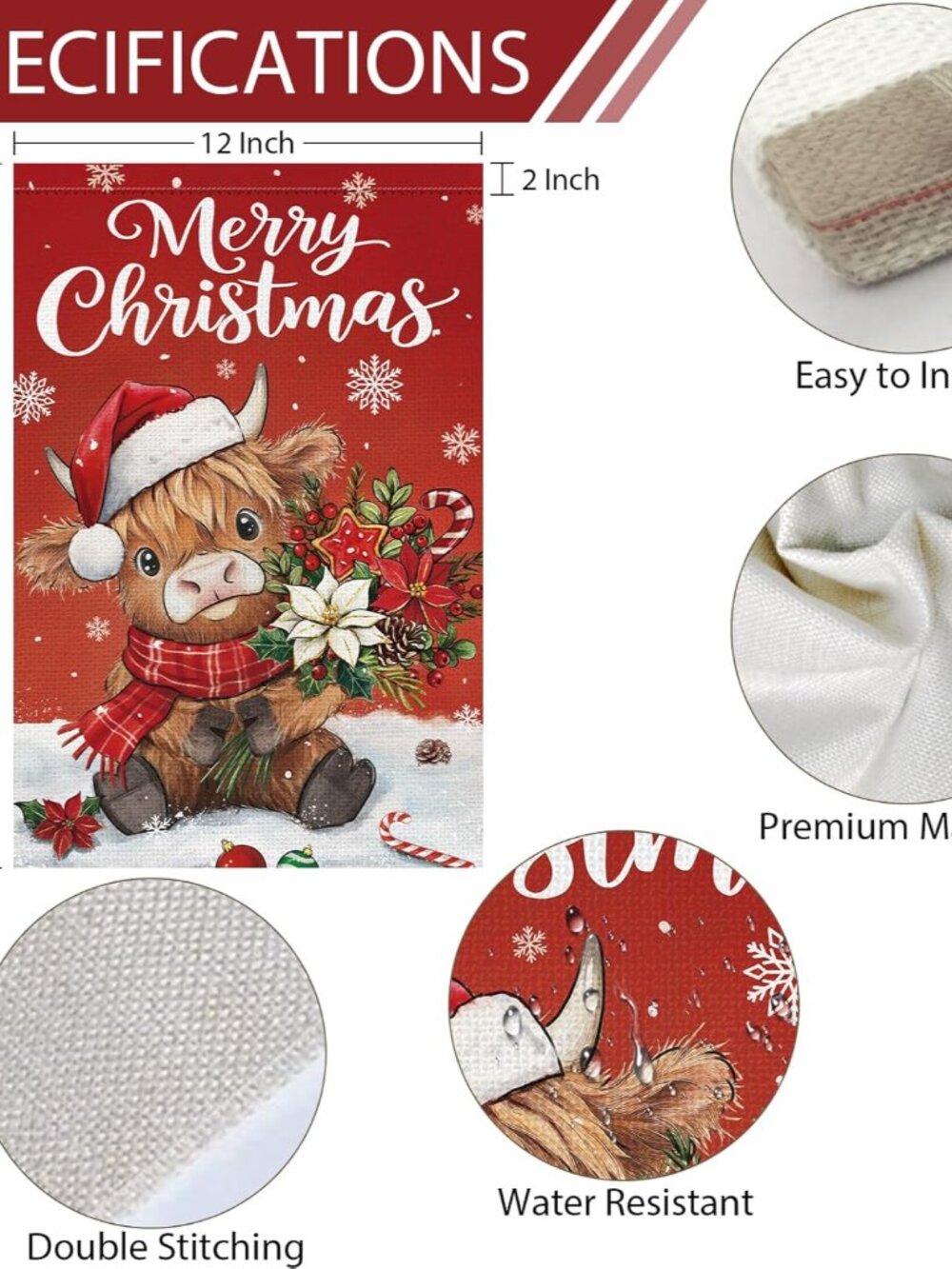 Merry Christmas Highland Cow Garden Flag 12x18 Inch Double Sided Burlap, Winter - Picture 4 of 7